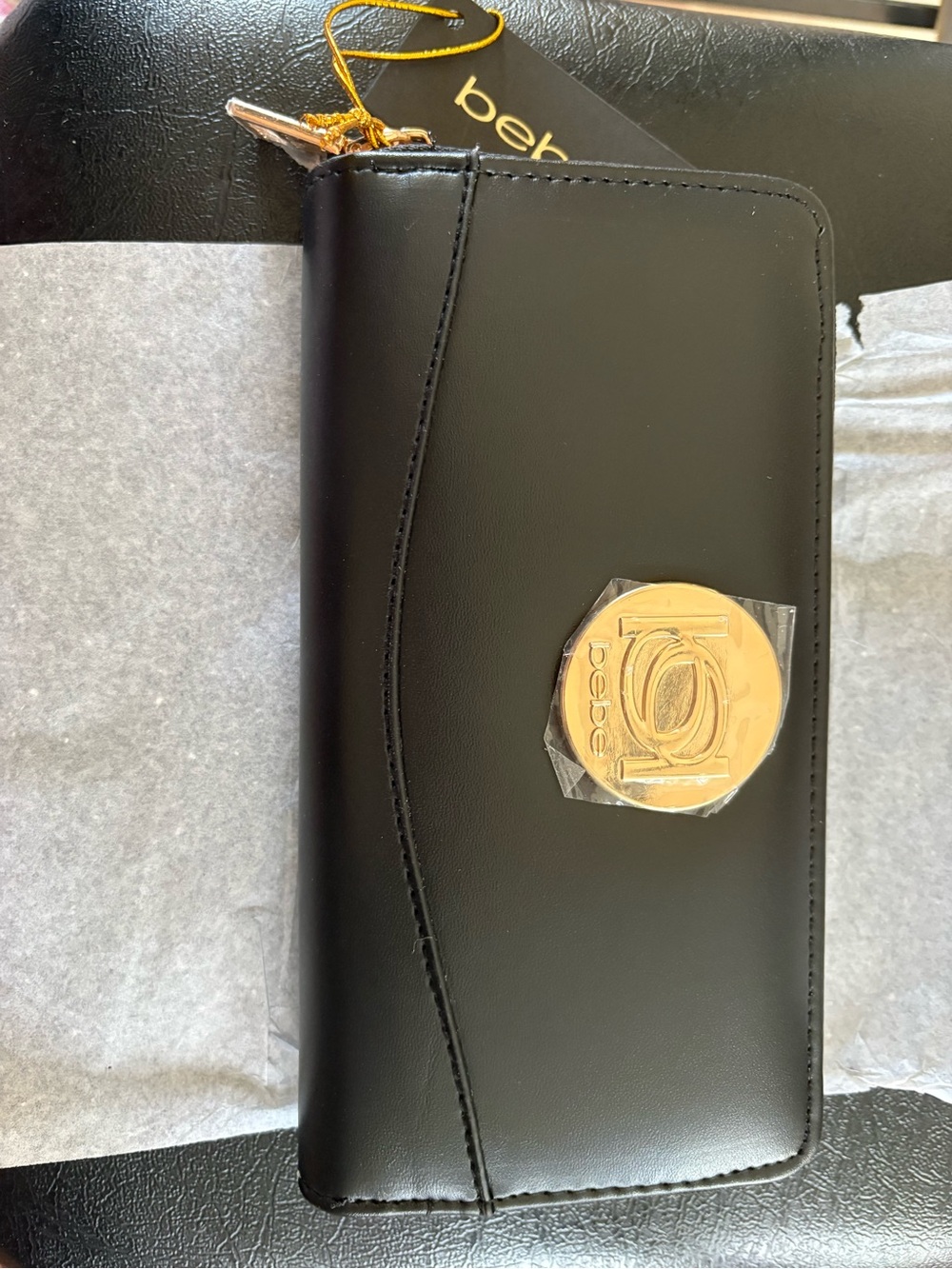 bebe Black Wallet with Gold Medallion